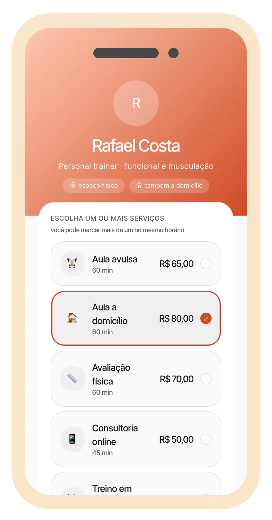página de agendamento de exemplo de um personal trainer