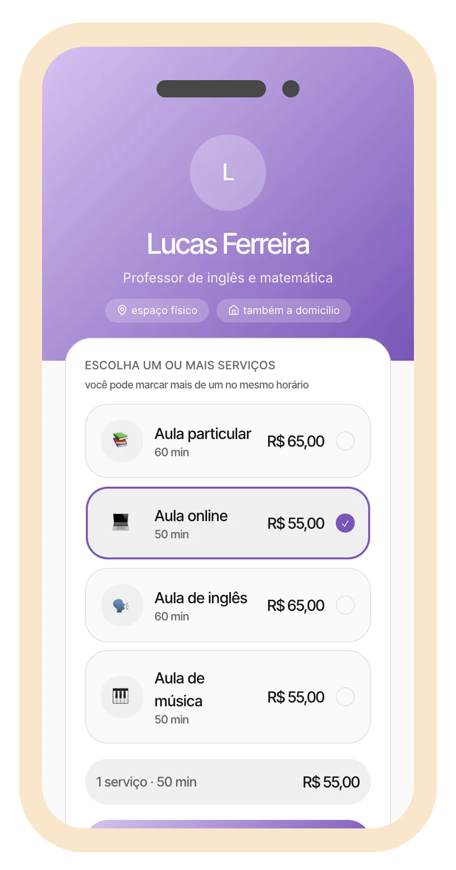página de agendamento de exemplo para professores particulares